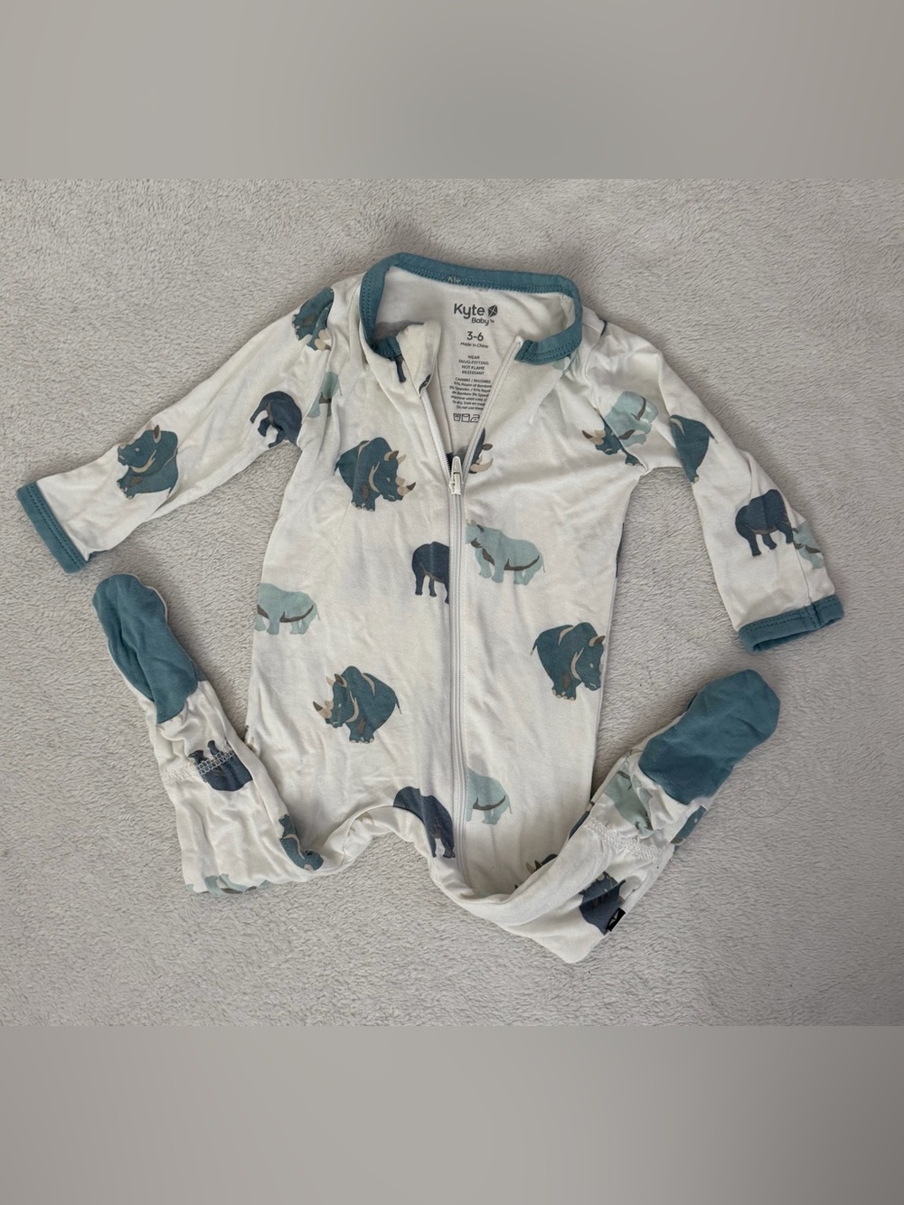 Kyte Rhino Print Baby Zipper Footed Pajamas.
